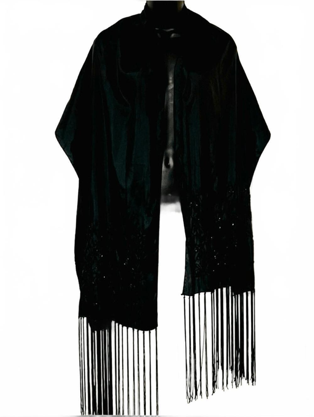 Vintage Black Wrap scarf with beading Long Fringe Whimsigoth witchy Cejon